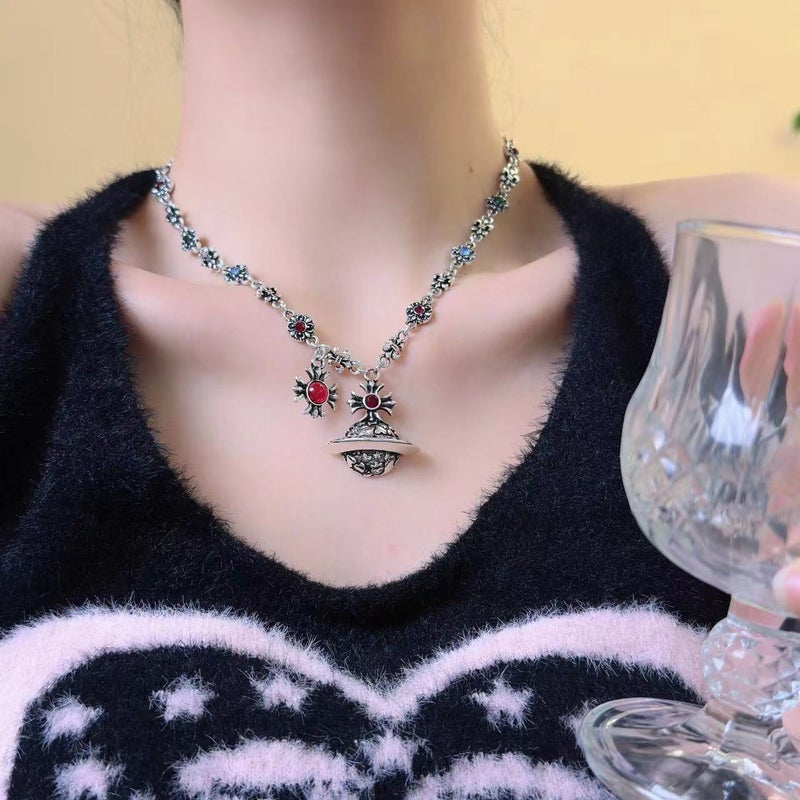 Sweet Cool Spice Girl Style Vintage Old Color Diamond Keke Planet Necklace Women'S Niche Personality Saturn Pendant Clavicle Chain Tide - Image 3